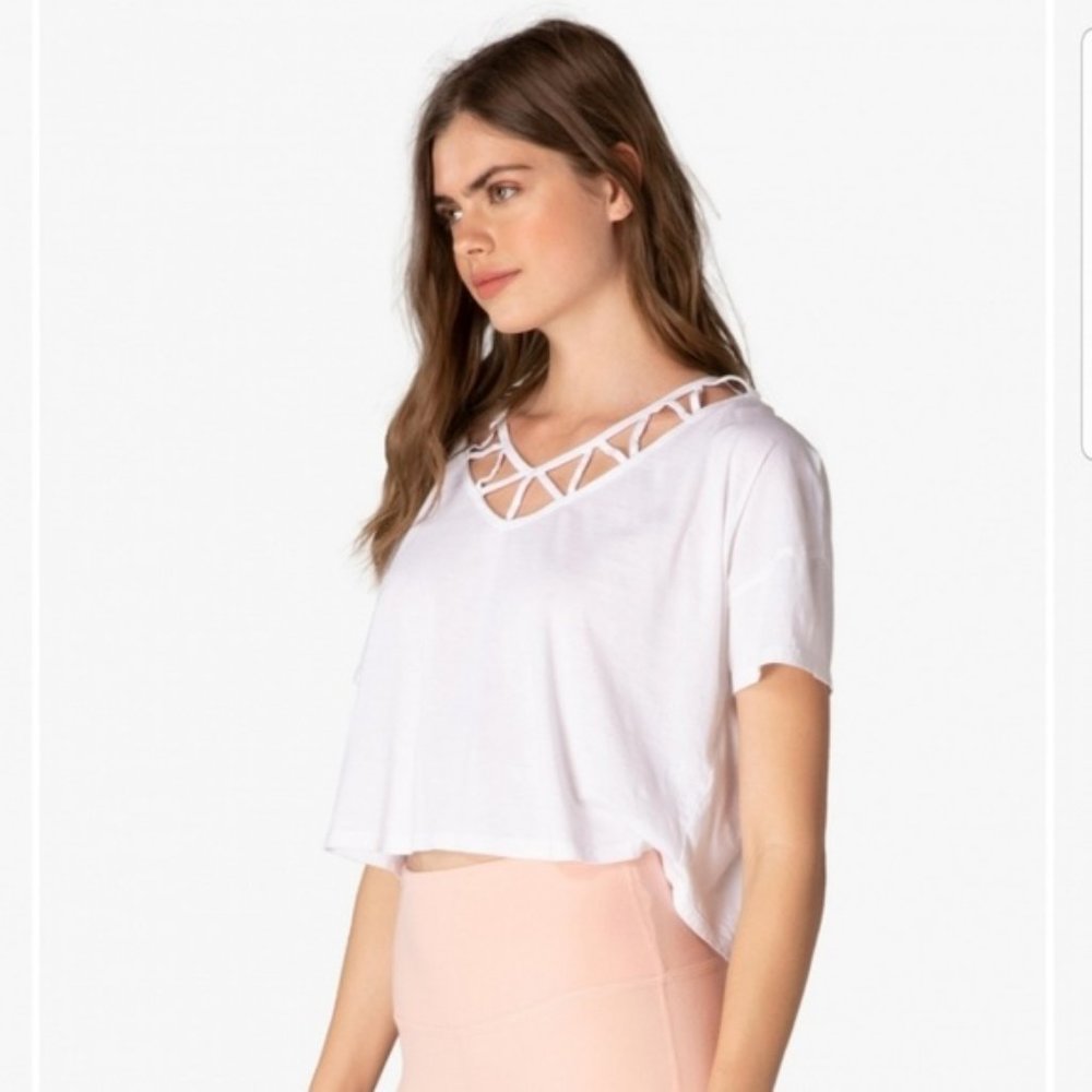 Beyond Yoga White To The Point Lattice Neck Tee View 2